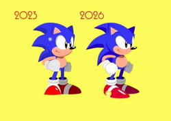Size: 2000x1418 | Tagged: safe, artist:kinetiklite, sonic the hedgehog, hedgehog, 2026, classic sonic, duality, eyestrain, lineless, looking offscreen, male, redraw, simple background, smile, solo, standing, yellow background