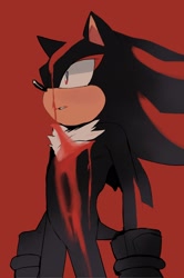 Size: 1362x2048 | Tagged: safe, artist:kotobanidekina_, shadow the hedgehog, hedgehog, 2026, dripping, looking up, male, red background, simple background, solo, standing