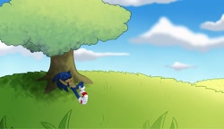 Size: 2048x1182 | Tagged: safe, artist:kittytale, sonic the hedgehog, hedgehog, 2026, alternate universe, arms behind head, au:all in (kittytale), clouds, daytime, eyes closed, grass, hill, lying down, male, outdoors, relaxing, scar, shadow (lighting), sleeping, solo, treads, tree