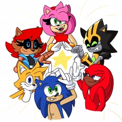 Size: 2048x2048 | Tagged: safe, artist:kittytale, amy rose, knuckles the echidna, miles "tails" prower, sally acorn, shard the metal, sonic the hedgehog, chipmunk, echidna, fox, hedgehog, 2026, alternate universe, au:all in (kittytale), black sclera, eyes closed, female, grin, group, looking at viewer, male, open mouth, open smile, pose, robot, roboticized, sally's ringblader outfit, scar, simple background, smile, smiling at viewer, star (symbol), white background
