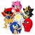 Size: 2048x2048 | Tagged: safe, artist:kittytale, amy rose, knuckles the echidna, miles "tails" prower, sally acorn, shard the metal, sonic the hedgehog, chipmunk, echidna, fox, hedgehog, 2026, alternate universe, au:all in (kittytale), black sclera, eyes closed, female, grin, group, looking at viewer, male, open mouth, open smile, pose, robot, roboticized, sally's ringblader outfit, scar, simple background, smile, smiling at viewer, star (symbol), white background