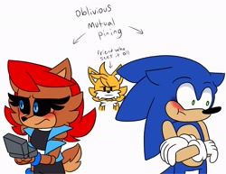 Size: 2048x1583 | Tagged: safe, artist:kittytale, miles "tails" prower, nicole the handheld, sally acorn, sonic the hedgehog, chipmunk, fox, hedgehog, 2026, alternate universe, arms folded, au:all in (kittytale), black sclera, blushing, crossed arms, duo focus, english text, female, holding something, looking at them, looking offscreen, male, meme, not amused, roboticized, sally x sonic, sally's ringblader outfit, shipping, shy, simple background, standing, straight, text, trio, white background