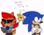 Size: 2048x1583 | Tagged: safe, artist:kittytale, miles "tails" prower, nicole the handheld, sally acorn, sonic the hedgehog, chipmunk, fox, hedgehog, 2026, alternate universe, arms folded, au:all in (kittytale), black sclera, blushing, crossed arms, duo focus, english text, female, holding something, looking at them, looking offscreen, male, meme, not amused, roboticized, sally x sonic, sally's ringblader outfit, shipping, shy, simple background, standing, straight, text, trio, white background