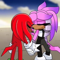 Size: 2048x2048 | Tagged: safe, artist:kittytale, julie-su, knuckles the echidna, echidna, 2026, alternate universe, au:all in (kittytale), clouds, cybernetic, daytime, duo, eyes closed, female, holding hands, julie-su x knuckles, male, shipping, smile, standing, straight