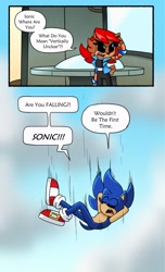 Size: 1244x2048 | Tagged: safe, artist:kittytale, sally acorn, sonic the hedgehog, chipmunk, hedgehog, 2026, alternate universe, au:all in (kittytale), black sclera, clouds, comic, daytime, dialogue, duo, english text, eyes closed, falling, female, indoors, male, outdoors, roboticized, sally x sonic, sally's ringblader outfit, shipping, speech bubble, straight