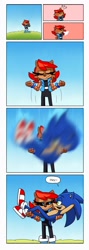 Size: 726x2048 | Tagged: safe, artist:kittytale, sally acorn, sonic the hedgehog, chipmunk, hedgehog, 2026, alternate universe, au:all in (kittytale), black sclera, carrying them, catch, comic, daytime, dialogue, duo, english text, falling, female, grass, hill, looking at each other, looking up, male, motion blur, outdoors, question mark, roboticized, sally x sonic, sally's ringblader outfit, shipping, smile, smiling at each other, speech bubble, straight