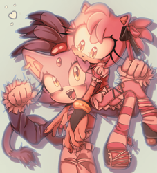 Size: 1753x1934 | Tagged: safe, artist:arcana-coelestia, amy rose, blaze the cat, cat, hedgehog, 2026, amy x blaze, amybetes, blazebetes, clothes, cute, duo, ear bite, female, flexing, heart, lesbian, riding, shipping, simple background, smile, white background