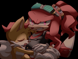 Size: 874x663 | Tagged: safe, artist:arcana-coelestia, knuckles the echidna, miles "tails" prower, echidna, fox, 2023, black background, clenched teeth, clothes, duo, eyes closed, eyewear on head, frown, hugging, looking at viewer, male, ponytail, simple background, smile