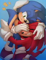 Size: 2212x2878 | Tagged: safe, artist:arcana-coelestia, knuckles the echidna, sonic the hedgehog, echidna, hedgehog, 2023, absurd res, clenched teeth, duo, eyes closed, gradient background, holding each other, hugging, lidded eyes, looking at them, male, smile, standing