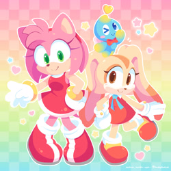 Size: 2048x2048 | Tagged: safe, artist:plushybluecat, amy rose, cheese (chao), cream the rabbit, chao, hedgehog, rabbit, 2026, agender, amybetes, checkered background, cheeseabetes, creamabetes, cute, female, hand on hip, heart, looking at viewer, neutral chao, outline, smile, sonic advance 3, standing, standing on one leg, star (symbol), team jubilee, trio, wink