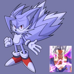 Size: 2048x2048 | Tagged: safe, artist:reykey_xzspb, miles "tails" prower, super tails, fox, 2026, :|, alternate super form, clenched fist, looking at viewer, male, purple background, reference inset, simple background, solo, standing, super form