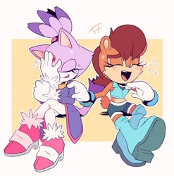 Size: 2310x2340 | Tagged: dead source, safe, artist:stellarspin, blaze the cat, sally acorn, cat, chipmunk, 2023, duo, eyes closed, facepalm, female, friendship, hand on another's arm, laughing, open mouth, sally's ringblader outfit, simple background, sitting, talking