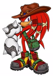 Size: 1422x2048 | Tagged: safe, artist:prolifkvelocity, knuckles the echidna, echidna, 2026, bag, clenched teeth, clothes, gloves, hat, knuckles' hat, looking at viewer, male, redesign, shoes, simple background, smile, smiling at viewer, solo, standing, stretching, style emulation, uekawa style, white background