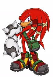 Size: 1422x2048 | Tagged: safe, artist:prolifkvelocity, knuckles the echidna, echidna, 2026, alternate version, bag, clenched teeth, clothes, gloves, looking at viewer, male, redesign, shoes, simple background, smile, smiling at viewer, solo, standing, stretching, style emulation, uekawa style, white background