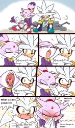 Size: 1000x1702 | Tagged: safe, artist:yotsumeddd, blaze the cat, silver the hedgehog, cat, hedgehog, 2024, blaze x silver, blushing, comic, dialogue, duo, english text, exhausted, eyes closed, fangs, female, looking at them, looking back, looking back at them, male, open smile, rock, shipping, shy, sitting, smile, smiling at them, sparkles, speech bubble, straight, surprised, tears, tongue out
