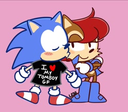 Size: 1564x1367 | Tagged: safe, artist:leso_universe, sally acorn, sonic the hedgehog, chipmunk, hedgehog, 2026, blushing, classic sally, classic sonic, classic style, clothes, duo, english text, eyes closed, female, hearts, kiss, kiss on cheek, looking at them, male, pink background, ringblader, sally x sonic, sally's vest and boots, shipping, shirt, simple background, standing, straight, t-shirt