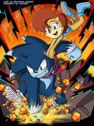 Size: 3072x4096 | Tagged: safe, artist:silvers_rings, sally acorn, sonic the hedgehog, chipmunk, hedgehog, 2026, alternate version, bowtie, crossover, donkey kong, donkey kong bananza, duo, english text, fangs, female, ground punch, holding something, male, nintendo, open mouth, open smile, sally x sonic, sally's vest and boots, shipping, smile, sonic the werehog, straight, werehog