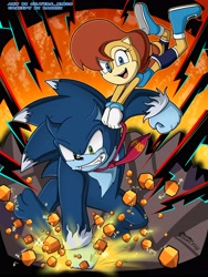 Size: 3072x4096 | Tagged: safe, artist:silvers_rings, sally acorn, sonic the hedgehog, chipmunk, hedgehog, 2026, alternate version, bowtie, crossover, donkey kong, donkey kong bananza, duo, english text, fangs, female, ground punch, holding something, male, nintendo, open mouth, open smile, sally x sonic, sally's ringblader outfit, shipping, smile, sonic the werehog, straight, werehog