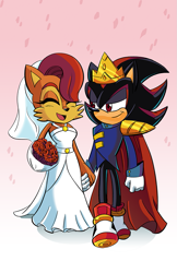 Size: 825x1275 | Tagged: safe, artist:chauvels, sally acorn, shadow the hedgehog, chipmunk, hedgehog, 2016, bouquet, dress, duo, eyes closed, holding hands, holding something, lidded eyes, looking at them, mouth open, open smile, petals, sally x shadow, shipping, smile, standing, straight, suit, walking, wedding, wedding dress, wedding suit