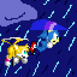 Size: 2048x2048 | Tagged: safe, artist:ssnsonic, miles "tails" prower, sonic the hedgehog, fox, hedgehog, sky high zone, 2026, classic sonic (universe), clouds, duo, flying, frown, hang glider, looking offscreen, mid-air, nighttime, outdoors, pixel art, rain, smile, sonic the hedgehog 2 (8bit), spinning tails
