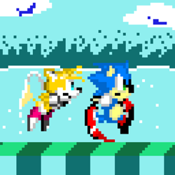 Size: 2048x2048 | Tagged: safe, artist:ssnsonic, miles "tails" prower, sonic the hedgehog, fox, hedgehog, 2026, classic sonic (universe), clouds, daytime, duo, frown, looking ahead, looking offscreen, outdoors, pixel art, running, sonic the hedgehog 2 (8bit), spinning tails, time hill zone, water