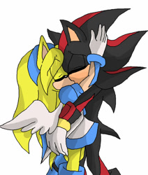 Size: 600x709 | Tagged: safe, artist:can-i-steal-ur-heart, maria robotnik, shadow the hedgehog, oc, oc:maria the hedgehog, hedgehog, 2013, age difference, angel wings, clothes, duo, eye clipping through hair, eyes closed, female, holding each other, hugging, kiss, kiss on lips, male, maria x shadow, pseudo-incest, shipping, simple background, standing, straight, white background, wings