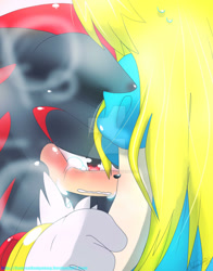 Size: 1024x1306 | Tagged: safe, artist:andreahedgehog, maria robotnik, shadow the hedgehog, hedgehog, human, 2013, blushing, clenched teeth, crying, deviantart watermark, duo, female, floppy ears, frown, hugging, lidded eyes, male, obtrusive watermark, tears, tears of sadness, watermark
