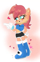 Size: 1016x1576 | Tagged: safe, artist:adryart20, sally acorn, chipmunk, 2023, artist signature, english text, female, hand on hip, heart, looking offscreen, open smile, pointing, pose, sally's ringblader outfit, smile, solo, standing