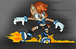 Size: 1024x663 | Tagged: safe, artist:bohemianlizardking, sally acorn, chipmunk, hybrid, squirrel, 2018, female, fire, flame, looking offscreen, rocket shoes, sally's ringblader outfit, solo, stopping