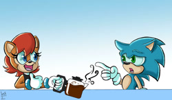 Size: 1024x600 | Tagged: safe, artist:bohemianlizardking, sally acorn, sonic the hedgehog, chipmunk, hedgehog, 2017, coffee, drink, duo, female, gradient background, holding something, kitchen, looking at each other, male, open mouth, pointing, sally x sonic, sally's ringblader outfit, shipping, straight, talking, thumbs up, tongue