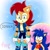 Size: 1280x1280 | Tagged: safe, artist:rosythehedgehog75, sally acorn, sonic the hedgehog, oc, oc:sonica the hedgehog (rosythehedgehog75), chipmunk, hedgehog, 2022, blushing, clothes, dialogue, duo, english text, female, gender swap, heart, looking at each other, male, open mouth, sally x sonic, sally's ringblader outfit, shipping, sparkles, speech bubble, standing, straight, surprised