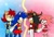 Size: 850x583 | Tagged: safe, artist:rosythehedgehog75, amy rose, sally acorn, shadow the hedgehog, sonic the hedgehog, oc, oc:jaime (tasp), oc:shardie the hedgehog (rosythehedgehog75), oc:sonica (tasp), oc:sonica the hedgehog (rosythehedgehog75), chipmunk, hedgehog, 2022, amy x shadow, angry, blushing, clothes, female, gender swap, grin, holding hands, jacket, looking at each other, male, not amused, open mouth, pants, quartet, sally x sonic, sally's ringblader outfit, shipping, shorts, skirt, standing, straight, surprised, sweatdrop, tails and sonic pals (youtube)