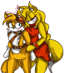 Size: 574x647 | Tagged: safe, artist:princessluna04, miles "tails" prower, zooey the fox, fox, 2021, blushing, duo, english text, eyes closed, female, hands on another's arms, holding them, looking at them, male, shipping, smile, sonic boom (tv), standing, straight, tailsey, transparent background
