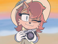 Size: 1280x960 | Tagged: safe, artist:nullofthev0id, sally acorn, chipmunk, 2024, artist signature, beach, camera, clothes, deviantart watermark, dress, female, fully clothed, hat, holding something, low res, ringblader, smile, smiling at viewer, solo, standing, sun hat, sunset, water, watermark, wink