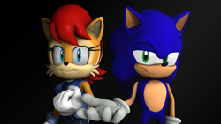 Size: 1920x1080 | Tagged: safe, artist:masonfazbear, sally acorn, sonic the hedgehog, chipmunk, hedgehog, 2021, 3d, black background, duo, female, looking at viewer, male, pose, sally x sonic, sally's ringblader outfit, shipping, simple background, smile, smiling at viewer, source filmmaker, standing, straight, wallpaper