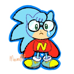 Size: 768x768 | Tagged: safe, artist:marimo838, nicky, sonic the hedgehog, chibi, cute, frown, glasses, looking at viewer, signature, simple background, solo, sonic the hedgehog (shogakukan), standing, sweater, tears, white background