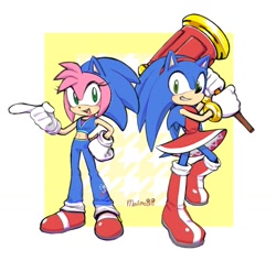 Size: 1500x1424 | Tagged: safe, artist:marimo838, amy rose, sonic the hedgehog, border, cosplay, duo, grin, holding something, looking at each other, looking at them, mouth open, piko piko hammer, smile, standing, white border, yellow background