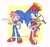 Size: 1500x1424 | Tagged: safe, artist:marimo838, amy rose, sonic the hedgehog, amy's halterneck dress, border, clothes, cosplay, cress, duo, grin, hammer, holding something, looking at each other, looking at them, mouth open, piko piko hammer, smile, standing, white border, yellow background