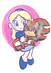 Size: 900x1279 | Tagged: safe, artist:marimo838, maria robotnik, shadow the hedgehog, human, blushing, chibi, cute, duo, frown, lidded eyes, looking at them, mariabetes, shadowbetes, simple background, sitting, smile, white background
