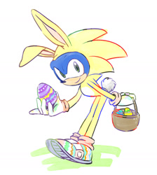 Size: 1566x1748 | Tagged: safe, artist:marimo838, sonic the hedgehog, basket, costume, easter, easter basket, easter egg, holding something, looking at viewer, rabbit costume, simple background, smile, solo, standing, white background
