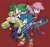 Size: 1871x1748 | Tagged: safe, artist:marimo838, sonia the hedgehog, sonic the hedgehog, hedgehog, sonic underground, brother and sister, drums, drumstick, grin, guitar, holding something, keyboard (instrument), looking at viewer, manic the hedgehog, mouth open, musical instrument, playing music, red background, siblings, simple background, smile, standing, trio