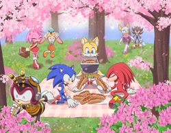 Size: 2000x1552 | Tagged: safe, artist:marimo838, amy rose, charmy bee, cheese (chao), cream the rabbit, knuckles the echidna, miles "tails" prower, rouge the bat, shadow the hedgehog, sonic the hedgehog, chao, basket, chili dog, daytime, eyes closed, flower, food, grass, group, lidded eyes, mouth open, neutral chao, outdoors, picnic, sitting, smile, standing, tree, walking