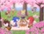 Size: 2000x1552 | Tagged: safe, artist:marimo838, amy rose, charmy bee, cheese (chao), cream the rabbit, knuckles the echidna, miles "tails" prower, rouge the bat, shadow the hedgehog, sonic the hedgehog, chao, amy's halterneck dress, basket, chili dog, clothes, cream's dress, daytime, dress, eyes closed, flower, food, grass, group, lidded eyes, mouth open, neutral chao, outdoors, picnic, sitting, smile, standing, tree, walking
