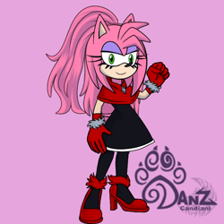 Size: 600x600 | Tagged: safe, artist:optic-phantasm-47, amy rose, hedgehog, 2023, alternate hairstyle, alternate outfit, alternate universe, clothes, dress, eyelashes, gloves, heels, looking at viewer, maverick, pawprint, picrew, pink background, poncho, ponytail, simple background, smile, solo, sonic character creator, tights