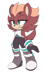 Size: 969x1629 | Tagged: safe, artist:hildahyena, oc, oc:hilda the hyena, hyena, 2019, beanbrows, bodysuit, boots, clothes, eyelashes, female, flat colors, gloves, lidded eyes, looking offscreen, oc only, one fang, simple background, smile, solo, transparent background