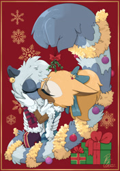 Size: 1650x2342 | Tagged: safe, artist:ridleynemrick, tangle the lemur, whisper the wolf, lemur, wolf, 2022, bauble, bell, border, bow, chest fluff, christmas, christmas decorations, christmas outfit, clothes, coat, duo, eyelashes, eyes closed, female, gilet, hair bow, hugging, kiss, lesbian, mistletoe, pants, ponytail, present, red background, ribbon, shipping, shirt, signature, simple background, snowflake, sweater, tail hand, tangle x whisper, tinsel