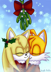 Size: 1024x1449 | Tagged: safe, artist:anettruby, miles "tails" prower, zooey the fox, fox, 2018, bow, christmas, christmas outfit, coat, duo, eyes closed, female, holly, hugging, male, mistletoe, shipping, signature, smile, snow, snowflake, straight, tailsey