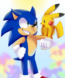 Size: 1024x1229 | Tagged: safe, artist:anettruby, sonic the hedgehog, hedgehog, 2018, clenched teeth, crossover, duo, gradient background, hand on hip, looking at each other, male, mouth open, open smile, pikachu, pokemon, signature, smile, smiling at each other, standing