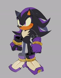 Size: 1617x2048 | Tagged: safe, artist:k4ybl, shadow the hedgehog, hedgehog, 2026, chest fluff, clenched fists, color swap, fingerless gloves, frown, gloves, grey background, hover skates, looking offscreen, male, purple eyes, purple fur, purple gloves, purple shoes, simple background, solo