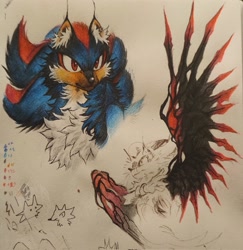 Size: 1991x2048 | Tagged: safe, artist:cloud_yaa, shadow the hedgehog, hedgehog, 2026, cheek fluff, chest fluff, doom shadow, ear fluff, fur markings, grey background, male, quill fluff, simple background, smile, solo, traditional media, watercolor, wings